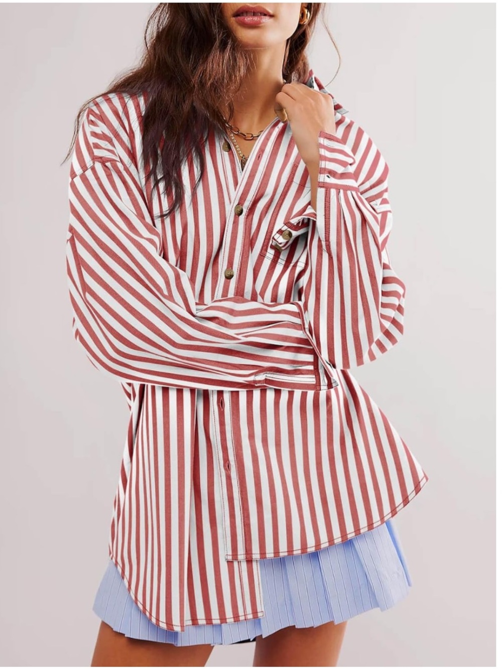 CICY BELL | Oversized Boyfriend Red & White Striped Button Down Shirt | Sz L NWT - Picture 3 of 10